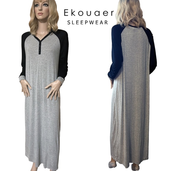 Ekouaer Super Soft Rayon Long Nightgown Sleep Tee Shirt Henley Two Tone NWOT - Picture 10 of 12